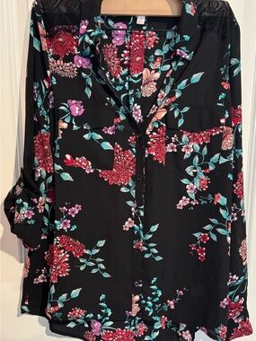 Candie's Black Floral Button-Front Top with Red and Pink Blooms